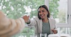Business woman, handshake and interview thank you with success and agreement in office. Happy, hiring and female professional at company with motivation and shaking hands with job introduction