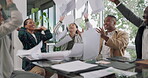 Happy business people throw paper for success, celebration and winning deal in office. Teamwork, diversity employees and celebrate with documents in air for excited bonus, motivation and achievement