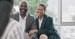 Finance, planning and couple consulting financial advisor for help, guidance or loan in office. Investment, deal and agreement by black woman and man with consultant for budget or insurance plan