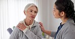 Consultation, physical therapy and senior woman with a nurse in a medical clinic or rehabilitation center. Healthcare, wellness and elderly female patient talking to a physiotherapist at a checkup.