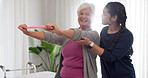 Physiotherapy, arm stretching band or old woman assessment, exercise or workout for chiropractic rehabilitation. Physical therapy consultation, support or physiotherapist helping senior happy patient