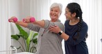 Senior happy woman, dumbbell or physiotherapist consultation, service and retirement support on recovery rehabilitation. Physiotherapy healing, arm exercise or person helping old patient with workout