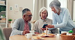 Senior people, phone and friends talking at a table in a retirement home. Elderly women and a man relax together with a smartphone for memory, pension discount and asset or savings plan website