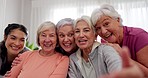 Yoga class, face selfie or senior happy people for retirement exercise, club membership or community memory picture. Pilates instructor, portrait friends or elderly women pose for group workout photo