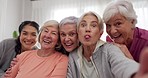 Yoga class, funny selfie and senior people, group or friends for retirement exercise, team wellness or bonding memory picture. Pilates trainer, tongue out portrait and old women pose for crazy photo