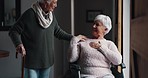 Senior woman, wheelchair and old friends with bonding and communication in a retirement home. Discussion, smile and person with a disability together with happy conversation and talking with story