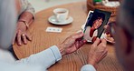 Family, memory and hand with a photo at tea for nostalgia, remember and conversation. Home, coffee and people or group of friends with pictures to reminisce together while talking at a table