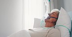 Hospital, oxygen mask and senior woman in bed for recovery, rest and rehabilitation for surgery. Healthcare, clinic and elderly female person with ventilation for medical care, service and breathing