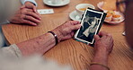 Hands, photograph and memory with senior friends thinking about the past while in a nursing home. History, vintage and retirement with an elderly group holding a picture closeup to remember life