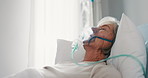 Old woman, healthcare and oxygen mask, sick with elderly care in hospital or nursing home with health problem. Female person, medical treatment for cancer or lung disease, senior patient and medicine