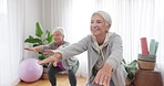 Exercise, yoga and elderly woman friends in a home studio to workout for health, wellness or balance. Fitness, zen and chakra with senior people training for mindfulness together while breathing