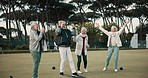 Bowls, applause and celebration with senior friends outdoor, cheering together during a game. Motivation, support or community and a group of elderly people cheering while having fun with a hobby