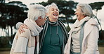 Talking, funny and senior woman friends outdoor in a park together for bonding during retirement. Happy, smile and laughing with a group of elderly people chatting in a garden for humor or fun