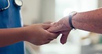 Nurse, holding hands and senior patient with caregiver and support in retirement home with empathy. Elderly person, healthcare professional and doctor with kindness, helping and hope in a clinic 