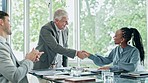 Meeting, applause and business people with a handshake for a welcome, corporate deal or onboarding. Happy, thank you and employees with contract success and shaking hands for support in a seminar