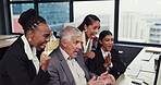 Success, fist bump and business people on computer for bonus, sales goals and profit applause or celebration in office. Happy group of women, men and CEO with yes, fist and winner support or wow news