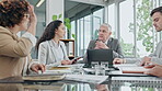 Business people, manager and meeting for financial discussion, listening to proposal and feedback or advice. Accountant woman, group questions and corporate CEO with documents, information and agenda