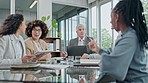Business people, manager and happy meeting for finance discussion, tablet workflow and funny feedback or teamwork. Accountant woman, questions and corporate CEO on laptop for information and agenda