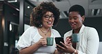 Phone, conversation and business people with coffee in the office networking on social media on break. Happy, discussion and professional female people drinking cappuccino and browsing on cellphone.