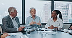 Business people, manager and meeting for financial discussion, listening to proposal and feedback or advice. Accountant, woman and men or corporate CEO for investment information, planning or agenda