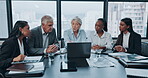 Business people, meeting and manager on laptop for financial review, online proposal and stock market strategy. Accountant, woman and men or corporate CEO for budget, information or computer planning