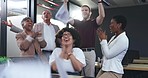 Throw, paper and business people success, winning or celebration of news, goals and clapping or applause. Winner team, business women and men high five, wow and documents in air for sales on laptop