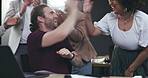 Clapping, high five and business man on computer for bonus, startup goals and profit or project celebration in office. Happy group of people with teamwork, success and support, wow or news on laptop