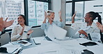 Throw, paper and business people high five for meeting success and celebration of news, bonus and applause. Winner, teamwork and group of men and women with wow, yes and documents in air for CEO news