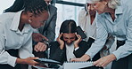 Stress, headache and employee multitasking with business people and frustrated with pressure, team and chaos with paperwork. Anxiety, mental health or worker overwhelmed by group or burnout in crisis