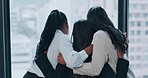 Office, women and friends hug at window in workplace for support, trust and team building at work. Embrace, love and motivation, group of business people in celebration for deal or future achievement