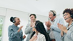 Call center, clapping and people success, target and sales celebration on computer for telemarketing teamwork. Consultant, agent man and woman applause, high five and yes of winner or news in office