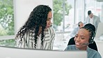 Call center, training and consultant women on computer for technical support or advice, helping and IT solution. Professional manager or business people for information technology or desktop feedback