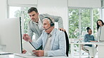 Call center, documents and business men on computer, financial support or advice, helping and solution in workspace. Professional people, consultant manager or executive for sales review and feedback