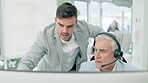 Call center, planning and people or manager on computer for e commerce support, teamwork and helping or solution. Communication consultant, sales executive and men on desktop for online collaboration