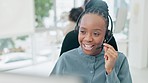 Customer support, call center and black woman with mic talking for help, advice and consulting on computer. Telemarketing, business and female person speak for contact, crm support and communication