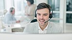 Call center, customer service and man on computer talking for online help, advice and consulting in office. Telemarketing, business and male person speaking for contact, crm support and communication