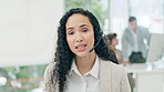 Customer service, portrait and consultant with advice, help or conversation with a client for crm, b2b or telemarketing. Call center, African woman and technical support in office or talking online