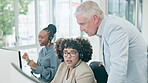 Call center, training and mentor with employee at desk, computer or office of customer serivce, crm and telemarketing. Coaching, senior man and consultant woman learning to work in technical support