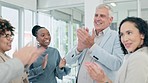 Business people, applause and meeting in celebration for teamwork achievement, goal or mission at office. Group of employees clapping in thank you for team building, winning or promotion at workplace