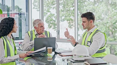 Engineer, meeting and office team conversation, cooperation or planning ...