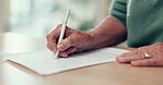 Hands, sign or senior woman with contract, application or document for will, insurance or divorce papers. Pen, closeup or person writing signature for paperwork, form or title deed agreement on table