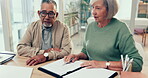 Listening, lawyer or old couple with contract or documents for life insurance papers or compliance. Planning, advisor or married elderly clients signing paperwork, legal form or title deed agreement