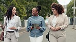 Tablet, meeting and business women walking for discussion, planning and networking. Corporate, teamwork and female workers outdoors talking for review, project and online proposal on digital tech