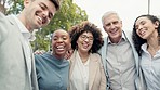 Happy, selfie and face of business people in nature for team building, bonding or collaboration. Happiness, smile and portrait of corporate colleagues taking a picture at an outdoor park or garden.