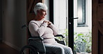 Woman collage, nursing home and in a senior wheelchair for care, service and thinking with friends. Smile, retirement and an elderly person with a disability with support, conversation and healthcare