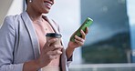 Business woman, typing on phone and coffee by office window for communication or networking. Closeup of female entrepreneur on smartphone for social media, streaming and internet connection for chat