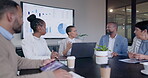 Teamwork, business people or black woman in meeting for financial charts analysis or graphs report. Leadership, collaboration or manager speaking of business growth data analytics on screen monitor 