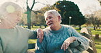 Conversation, outdoor and senior women at park on bench  to relax or quality time with lens flare. Retirement, talking and elder female friends in nature for bond with care or happy in environment.