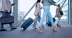 Airport luggage, walking and business people travel to airplane, flight booking or transportation for corporate opportunity. Suitcase, plane departure or professional group on international work trip