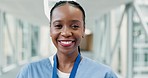 Hospital, nurse and face of happy black woman with smile for medical support, friendly service and care. Healthcare, clinic and portrait of female nursing student for wellness, consulting and career